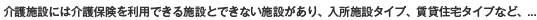 介護施設には介護保険を利用できる施設とできない施設があり、入所施設タイプ、賃貸住宅タイプなど、...